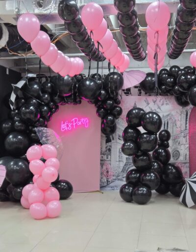 yourstyle2be event balloon design with balloon arch and backdrop paris themed. huge dog balloons